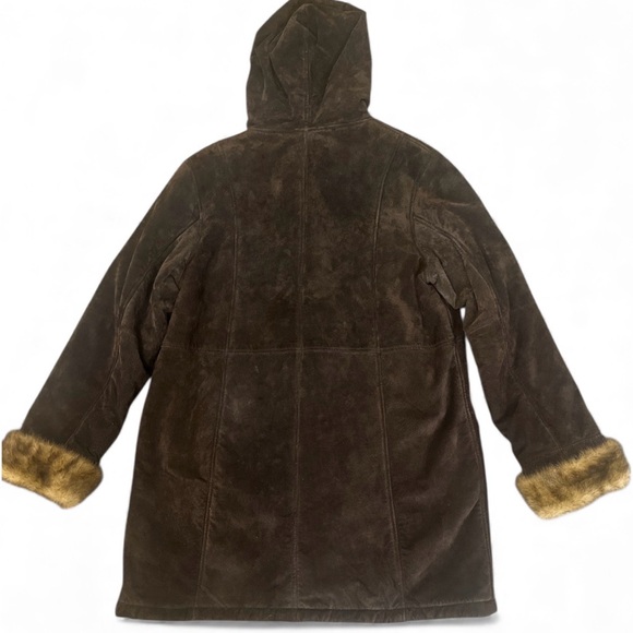 Chocolate Brown Suede Coat Faux Mink Fur Trim L Dennis Basso Penny Lane Hood Vtg - Picture 7 of 9